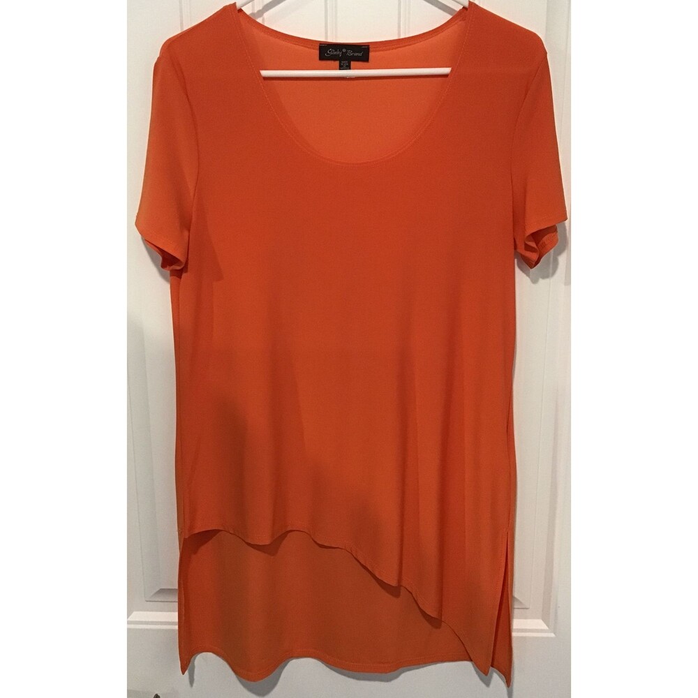 Slinky Brand Short Sleeve Sharkbite High-low Hem Tunic Top W/ Flare Orange Med